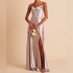 Birdy Grey Lisa Long Satin Dress Taupe Size 4  leg slit